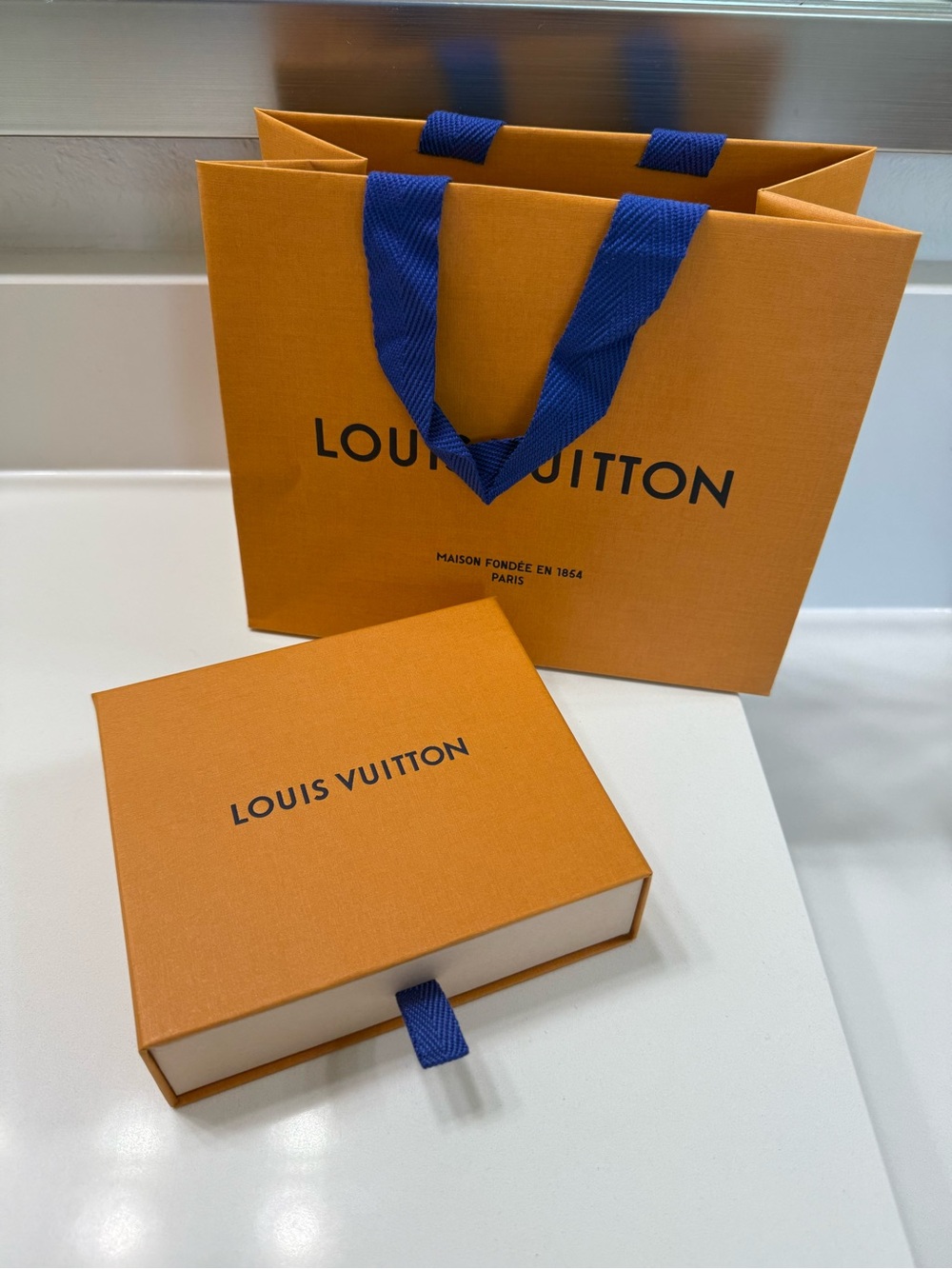 EMPTY Louis Vuitton Orange Gift Box & Shopping Bag with Blue Ribbon
